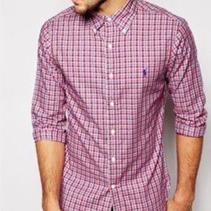 Ralph Lauren Vintage Red Blue White Plaid Classic Fit Button Up Shirt. Small